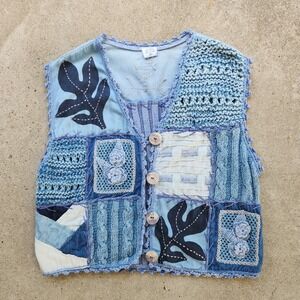 Sandy Starkman Patchwork Vest Size S Blue Crochet Cottagecore 90s Granny VTG